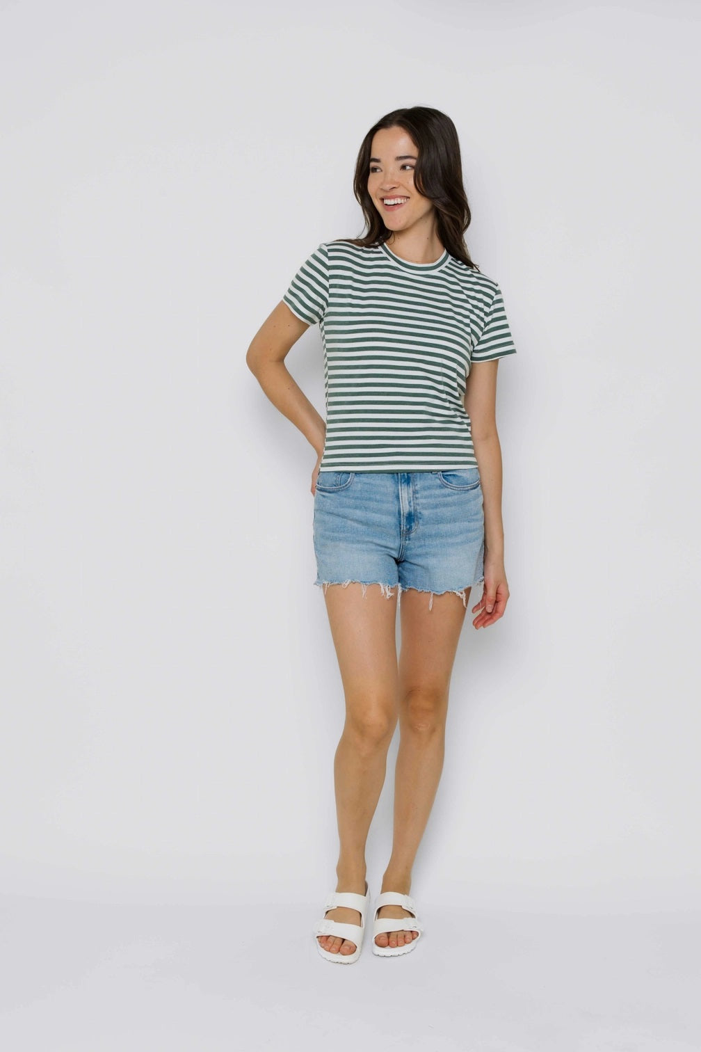 CLAIRE CREW TEE- lilac, white, olive leaf stripe or mini stripe