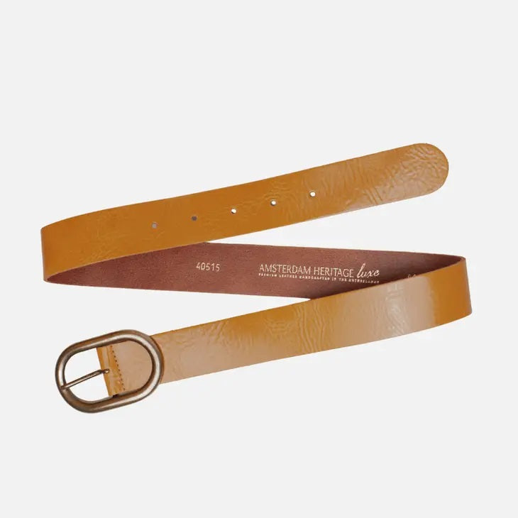 RAYA LEATHER BELT - camel with ellipse aged brass buckle