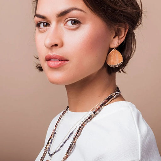 STONE DIPPED TEARDROP EARRINGS - petrified wood / gold