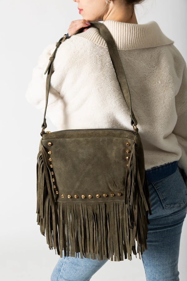 BOHO FRINGE HANDBAG - olive