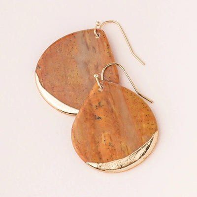 STONE DIPPED TEARDROP EARRINGS - petrified wood / gold