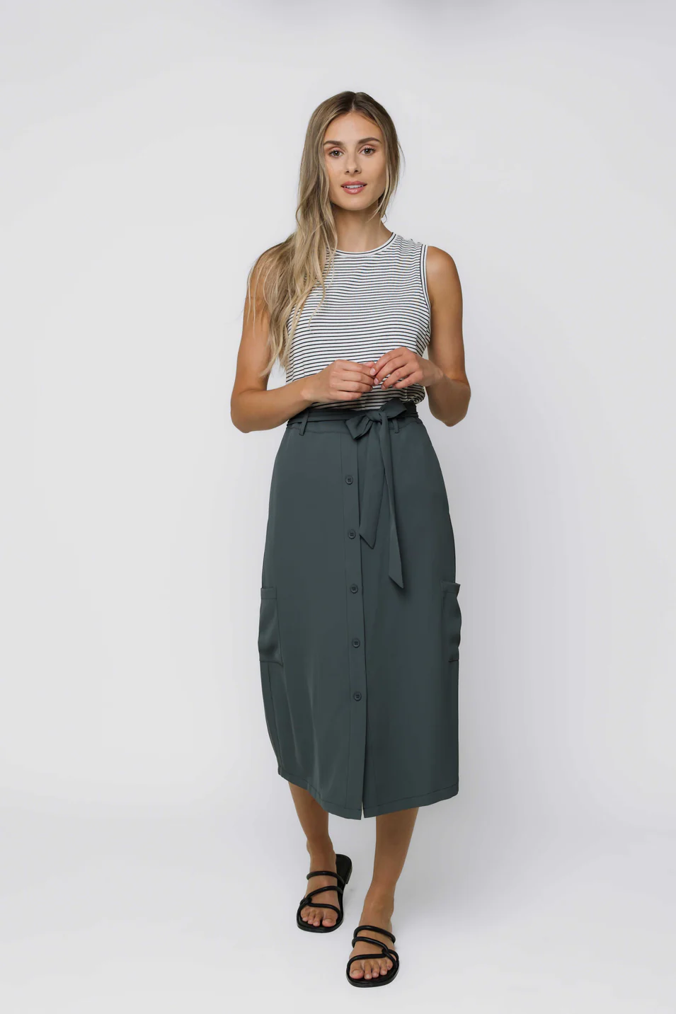 SALLY BUTTON FRONT MIDI SKIRT-black, ecru, lilac or slate