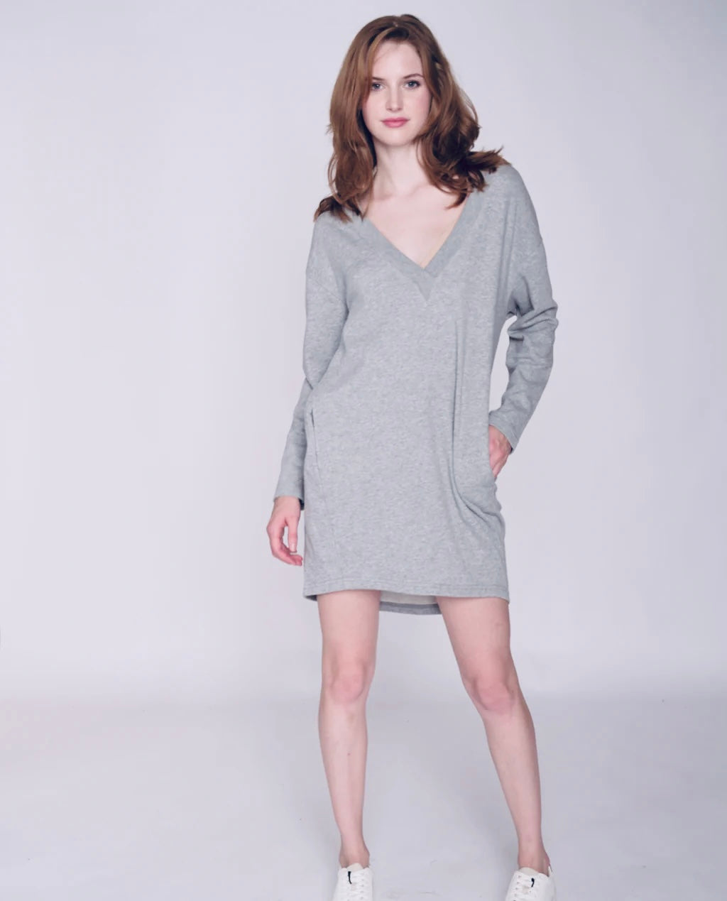 JESSA V-NECK TUNIC SWEATER- grey mix, crown blue or grey ridge