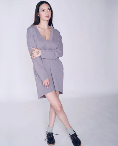 JESSA V-NECK TUNIC SWEATER- grey mix, crown blue or grey ridge