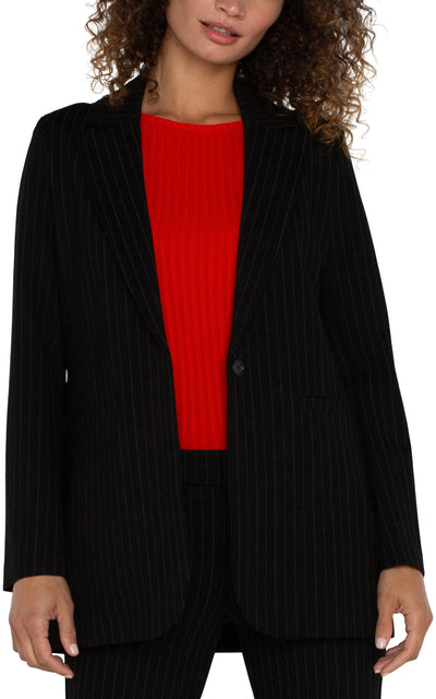 PINSTRIPE BUTTON FRONT BOYFRIEND BLAZER