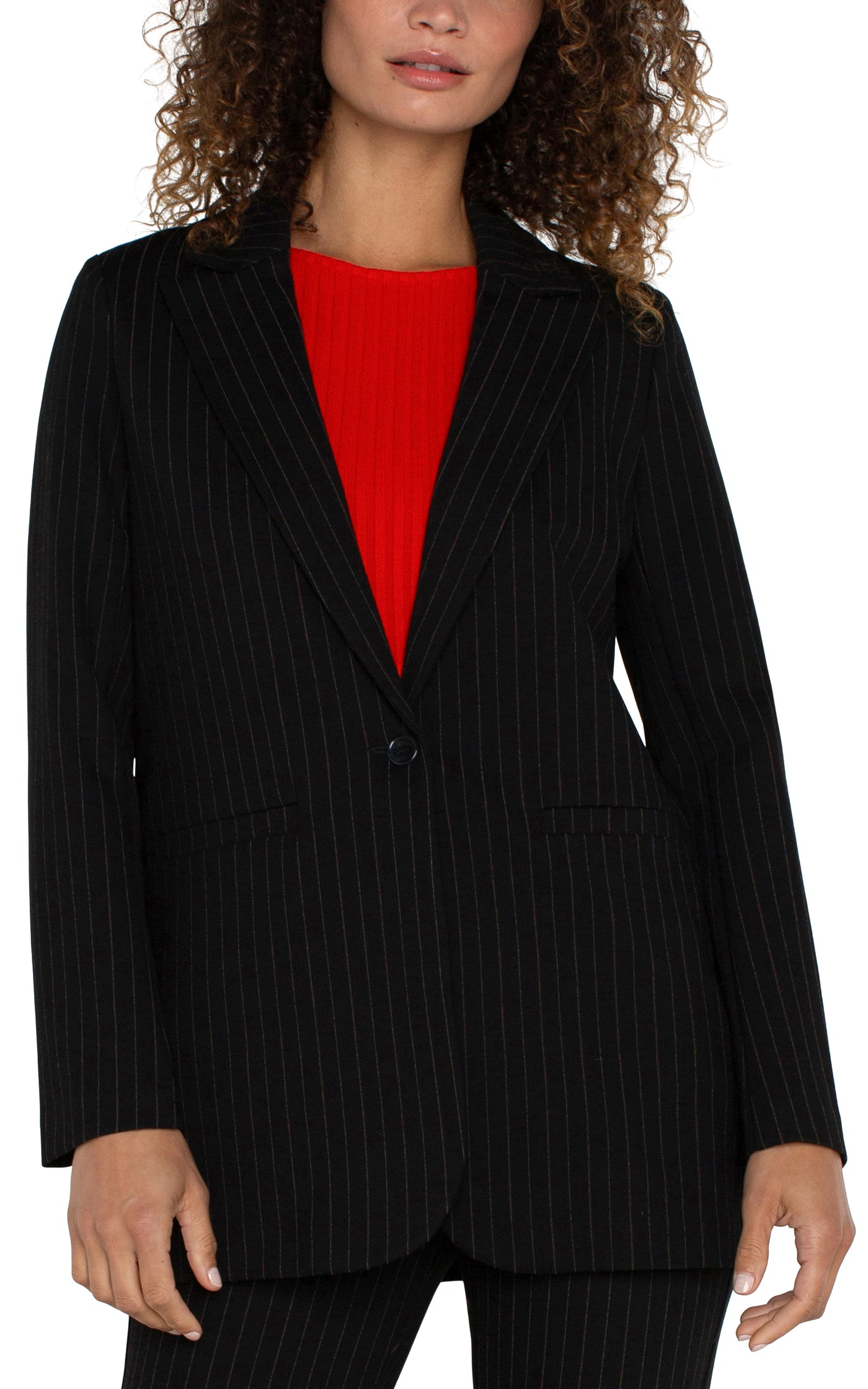 PINSTRIPE BUTTON FRONT BOYFRIEND BLAZER