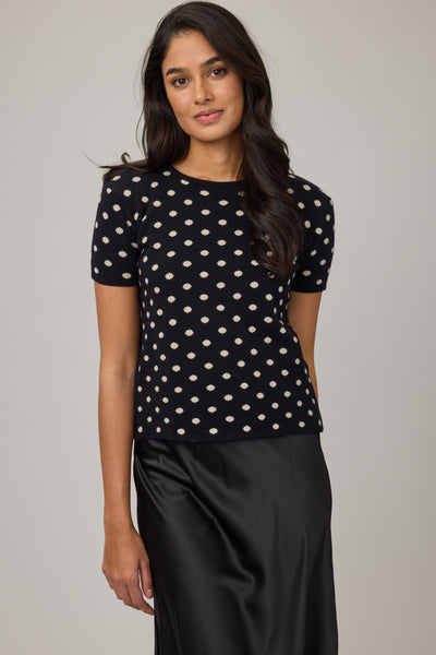 Polka Dotted Knit Short Sleeve Sweater