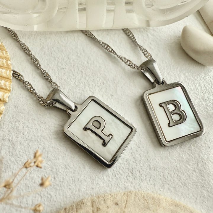 CARRIE MOTHER OF PEARL INITIAL CHARM NECKLACE-silver