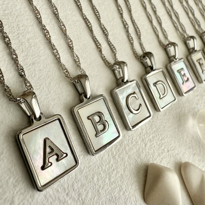 CARRIE MOTHER OF PEARL INITIAL CHARM NECKLACE-silver