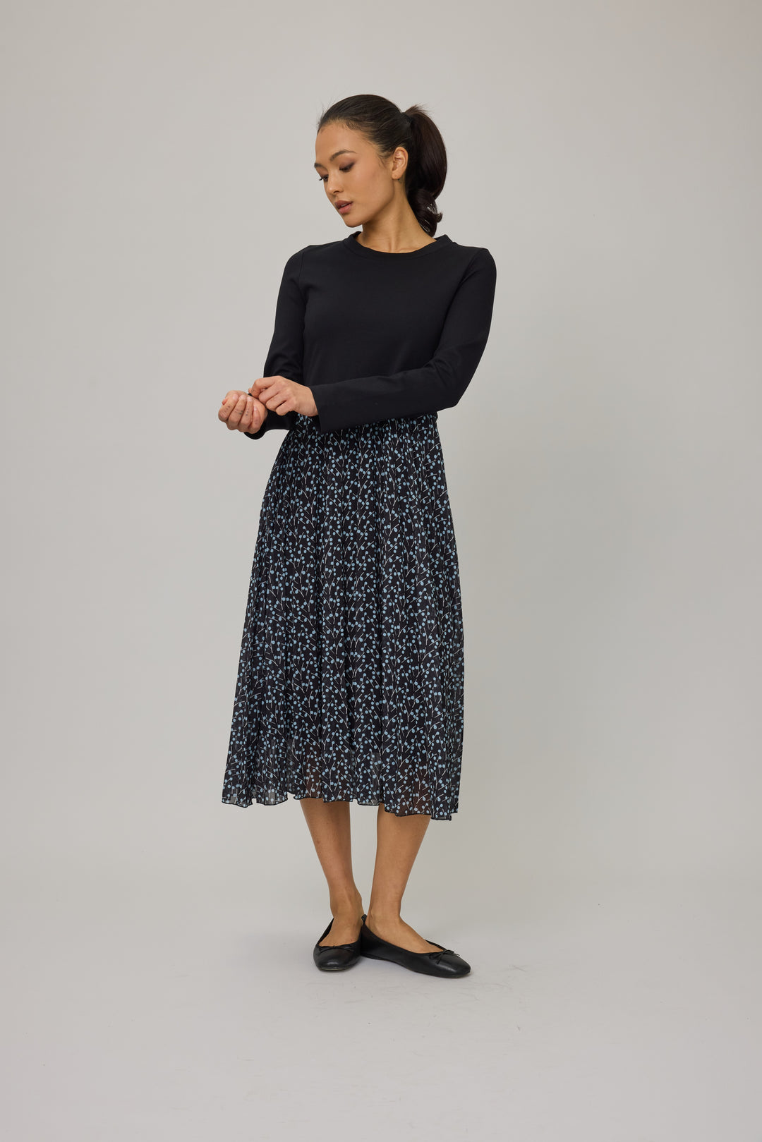 Ponte Dress w/ Pleated Georgette Bottom- Blue Cherries