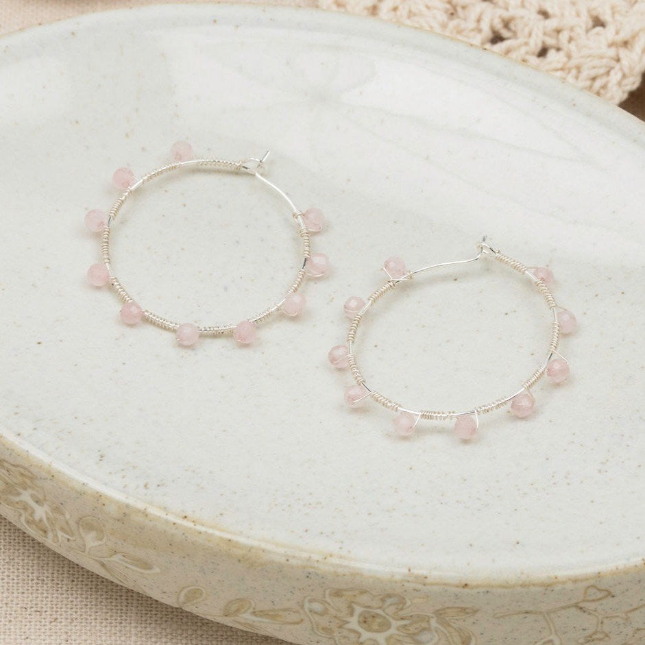 PRITTI ROSE QUARTZ HOOP EARRINGS - silver or gold