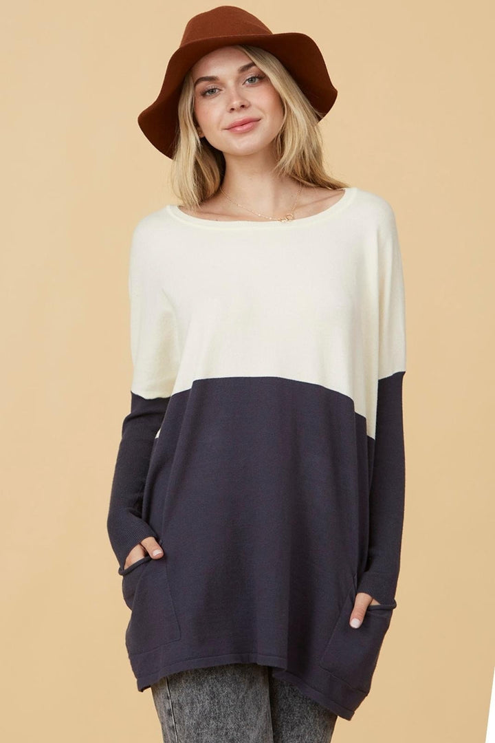 SYDNEY COLOUR BLOCK POCKET SWEATER - ivory/heather grey or ivory/indigo