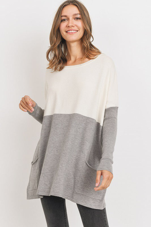 SYDNEY COLOUR BLOCK POCKET SWEATER - ivory/heather grey or ivory/indigo