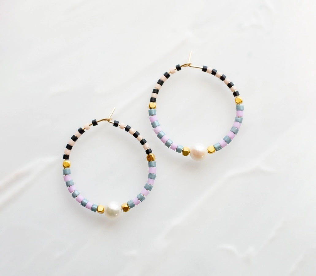 CHECKED BEADED MINI HOOPS- blue/lavender, green/pink, mustard/lavender