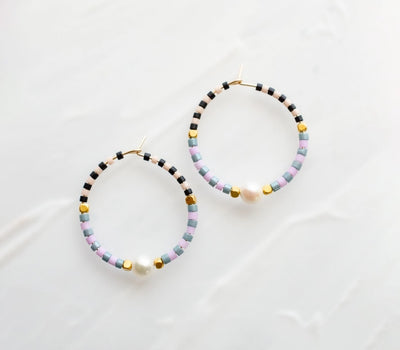CHECKED BEADED MINI HOOPS- blue/lavender, green/pink, mustard/lavender