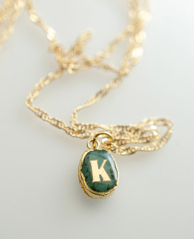ART DECO INITIAL NECKLACE - emerald or pink opal