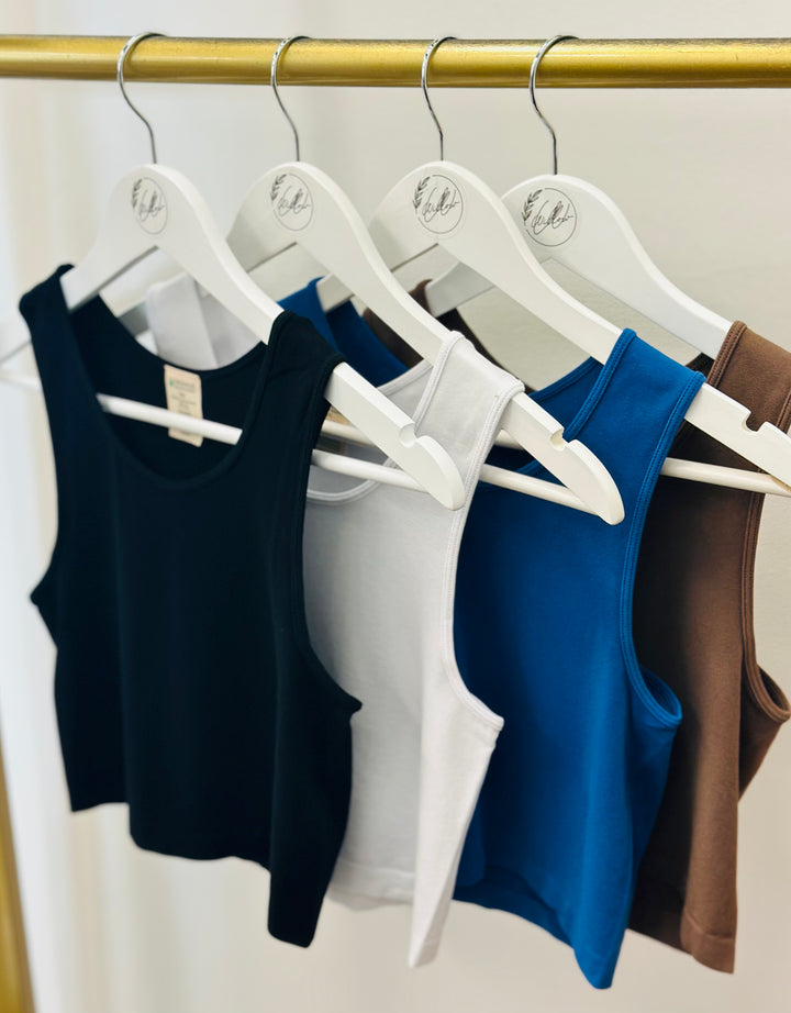 BAMBOO CROP TANK - black, white, denim, brown, lilac or coral