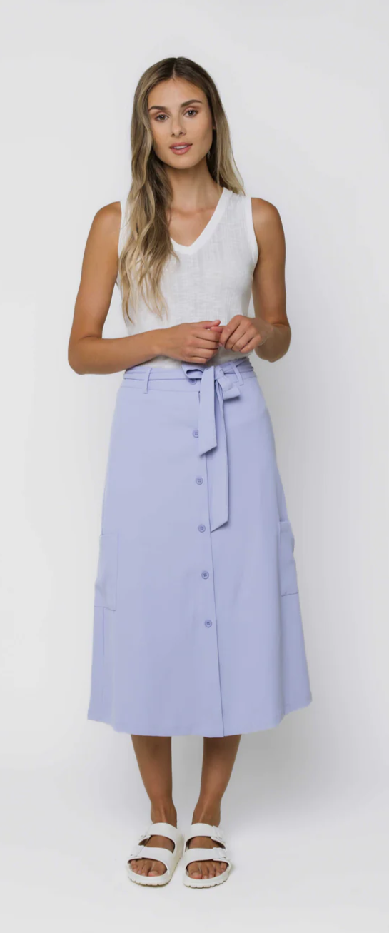 SALLY BUTTON FRONT MIDI SKIRT-black, ecru, lilac or slate