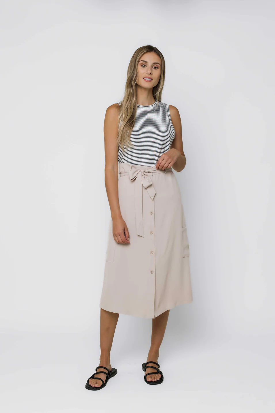 SALLY BUTTON FRONT MIDI SKIRT-black, ecru, lilac or slate