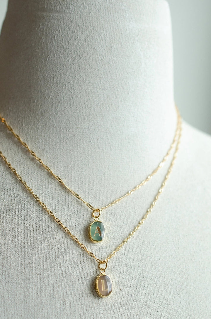 ART DECO INITIAL NECKLACE - emerald or pink opal