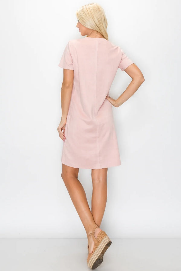 IRIS SUEDE VNECK POCKET DRESS - rose, coral or blue sky