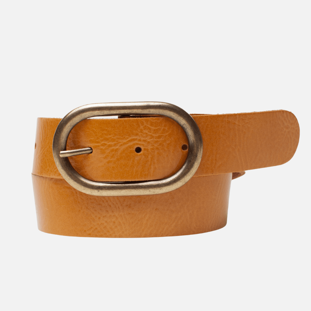 RAYA LEATHER BELT - camel with ellipse aged brass buckle