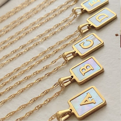 "CARRIE" MOTHER OF PEARL INLAYED ALPHABET CHARM NECKLACE-gold