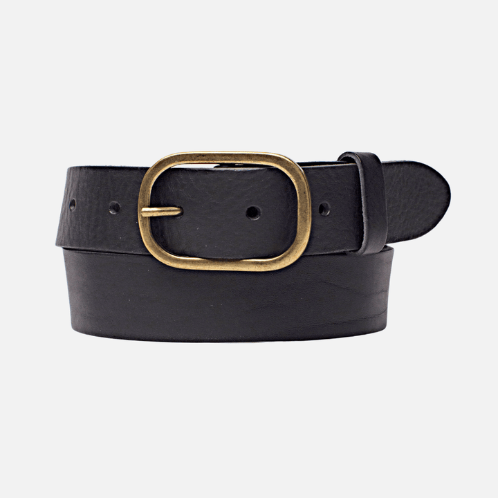 MARIKA LEATHER BELT - black with statement gold buckle
